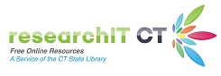 Logo for researchIT CT, featuring colorful leaves and text promoting free online resources from the Connecticut State Library.