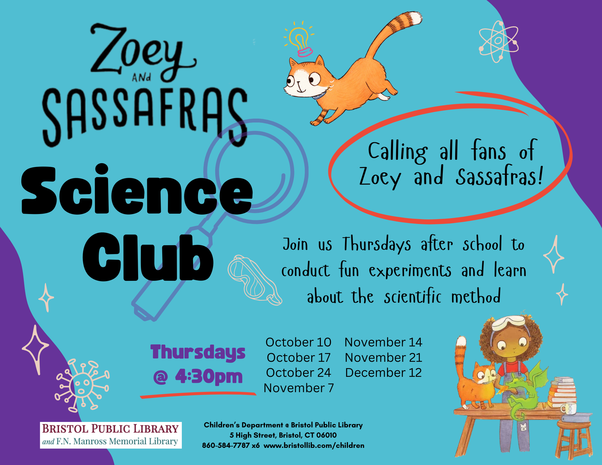 Bright blue and purple background with illustrations of Zoey and Sassafras characters.