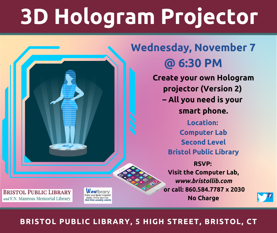 3D Hologram Project flier. Blue female hologram figure and picture of smartphone