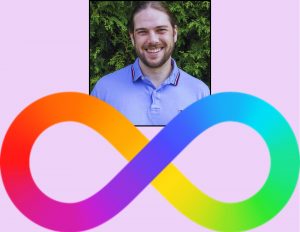 A picture of speaker Jeremy Farrell on a background of lilac with the rainbow-colored autism infinity symbol.
