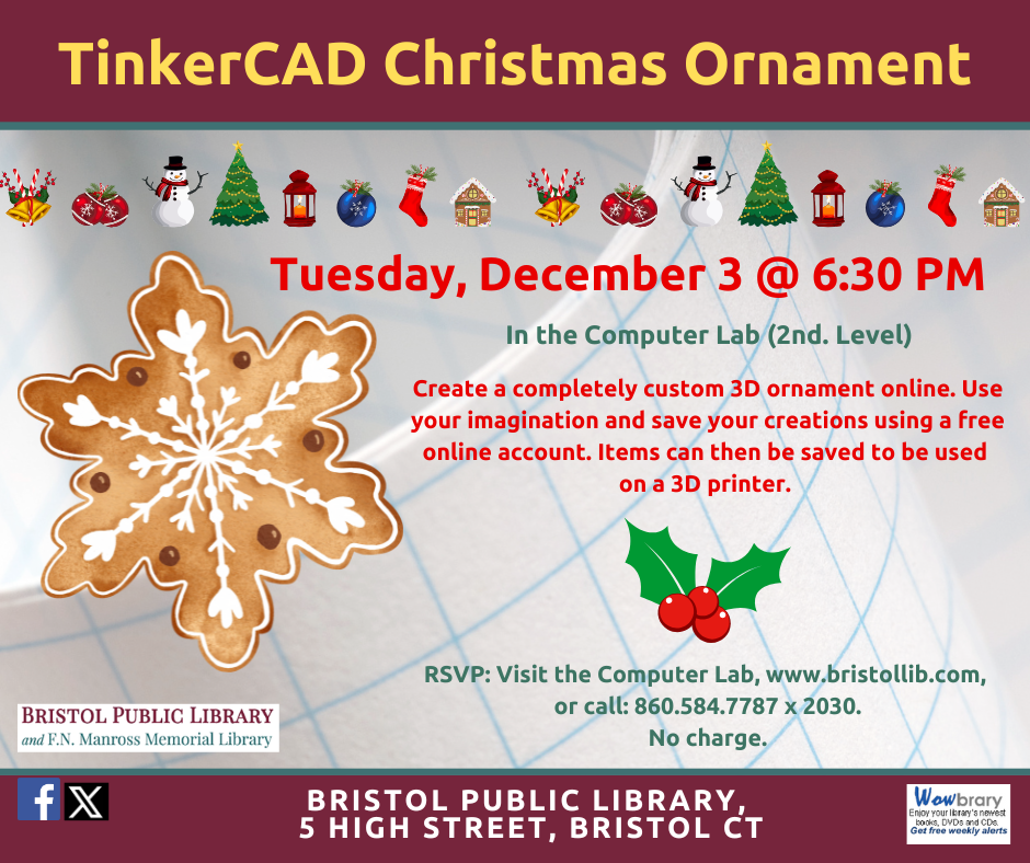 Flier for Tinkercad Christmas Ornament workshop December 3 @ 6:30 PM. Wooden snowflake ornament image 