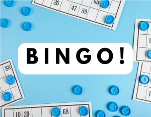 The word Bingo! on a blue background with bingo cards and tokens in the background.