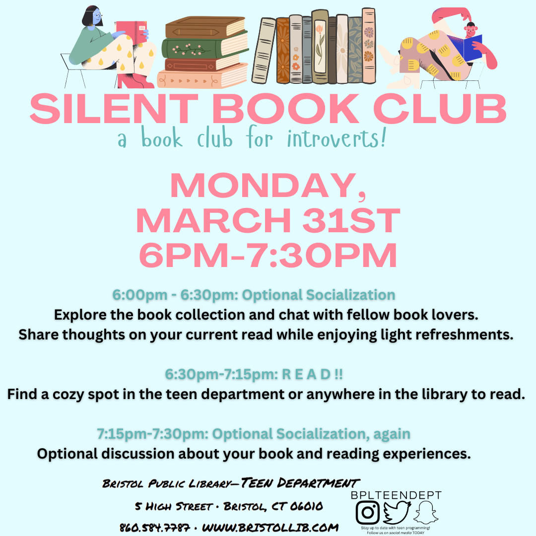 Graphic of promotional flyer for silent book club with people reading books in the background and program details in the foreground. 