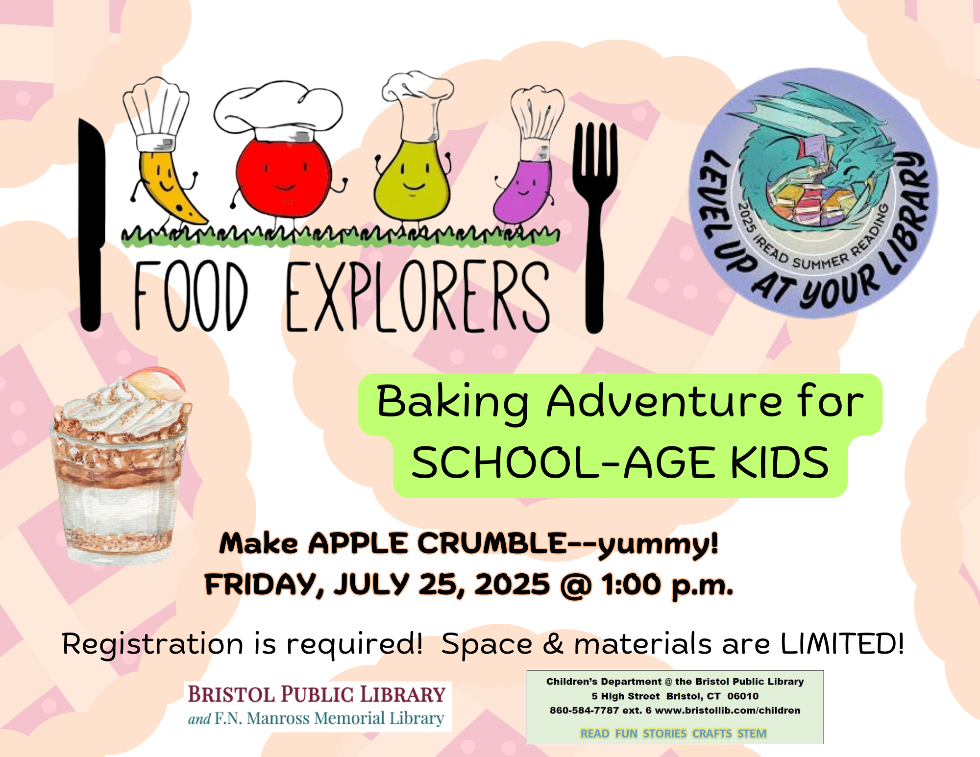 Flyer describing event with Food Explorers logo of happy fruits in a line with knife and fork, and illustration of layered dessert.