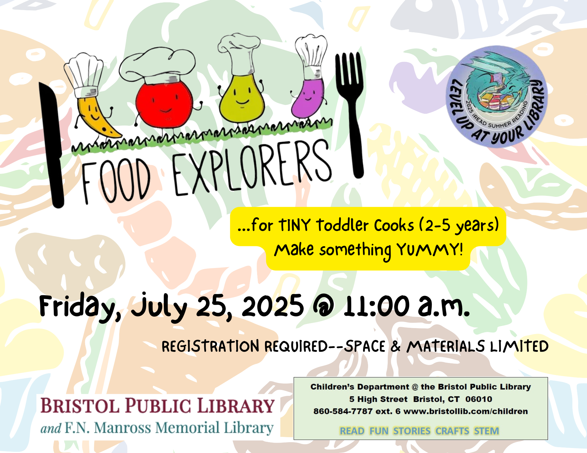 Flyer with Food Explorers logo of happy fruits next to knife and fork.