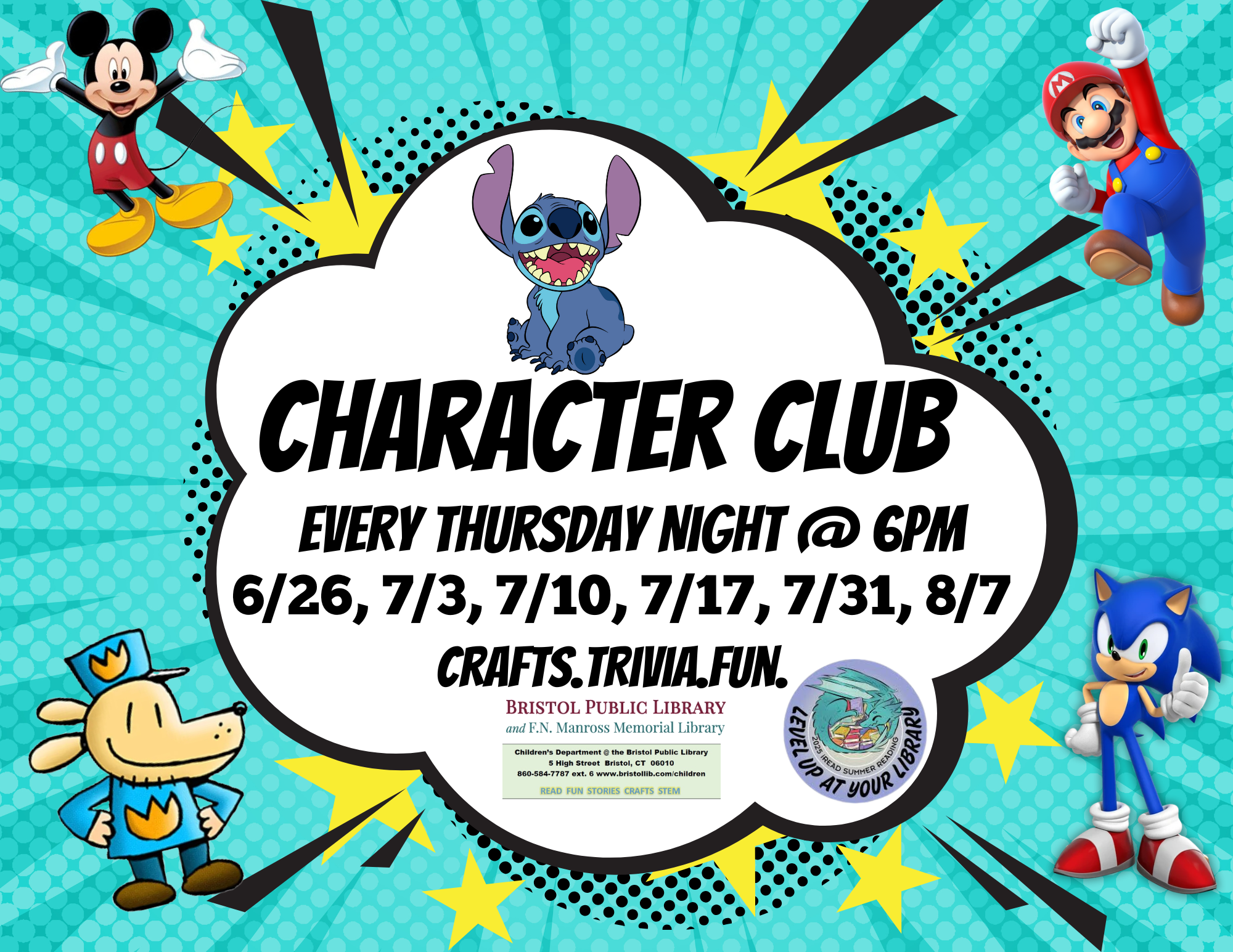 Event flyer with blue burst background and white cloud shape surrounded by Mickey Mouse, Dog Man, Sonic, Mario, and Stitch.