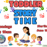 Flyer with name and time of event in primary colors with woman reading to four young children.