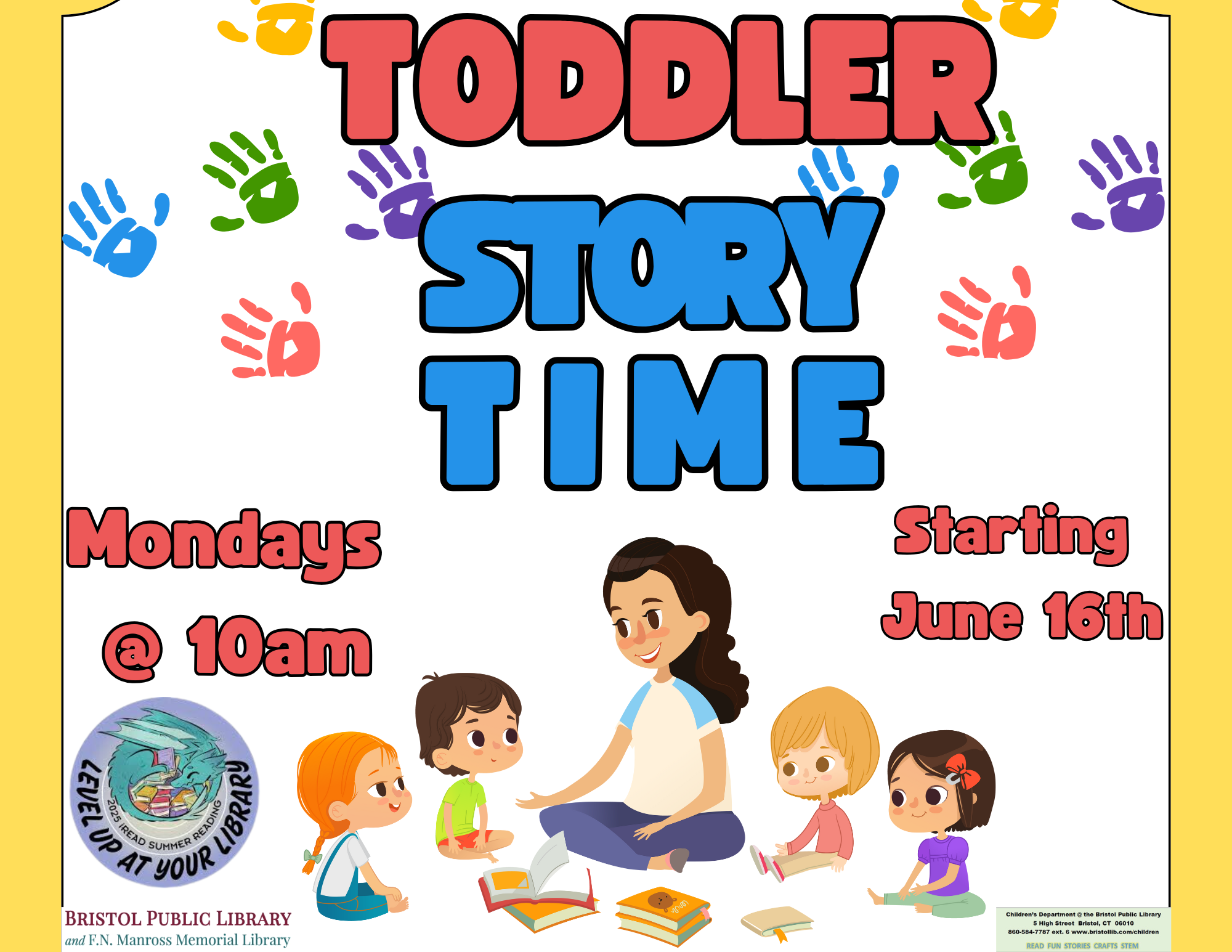 Flyer with name and time of event in primary colors with woman reading to four young children.