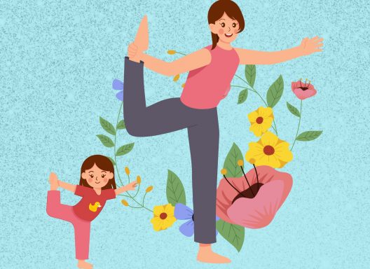 A mom and a child in a yoga pose with a flowered background.