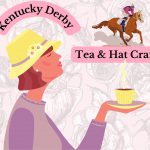 Woman in a fancy hat holding a cup of tea with a Kentucky Derby horse in the background.