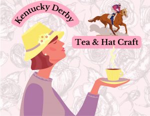 Woman in a fancy hat holding a cup of tea with a Kentucky Derby horse in the background.