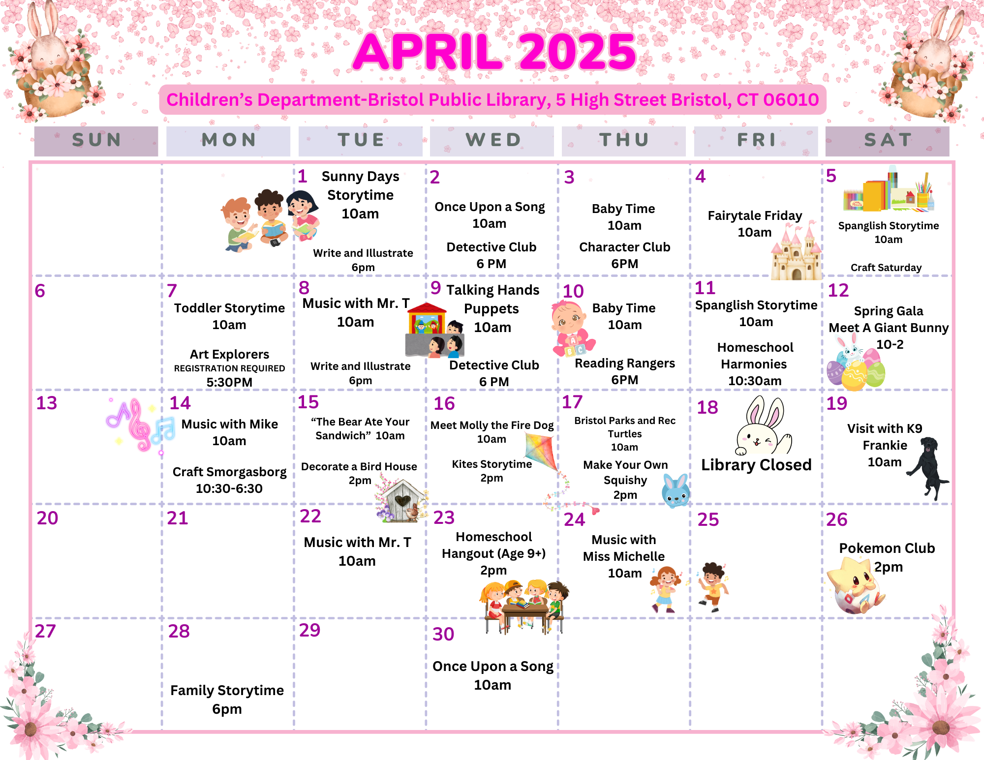 Event calendar for month of April with pink text and pink flowers