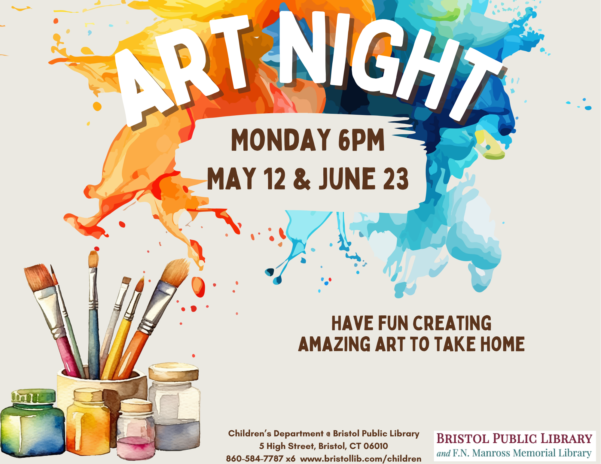 Flyer with tan background and colorful paint splatter with brushes and paint jars.