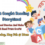 White flyer with name and time of event with white background and children playing on large alphabet blocks.