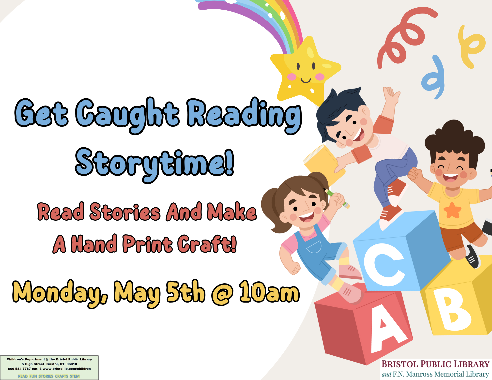 White flyer with name and time of event with white background and children playing on large alphabet blocks.