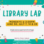 Event flyer with green border with science images like molecules, microscopes, and magnifying glasses in bright colors.