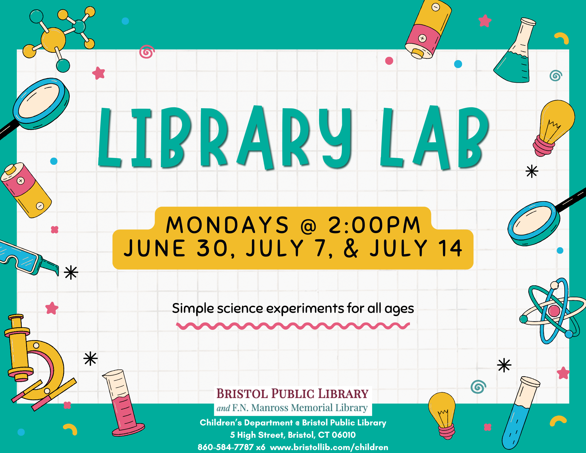 Event flyer with green border with science images like molecules, microscopes, and magnifying glasses in bright colors.
