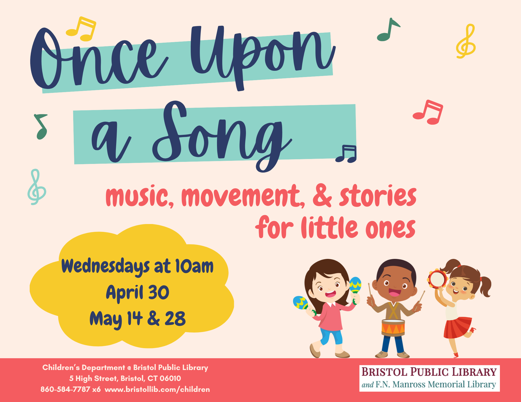 Light pink background with blue and pink text showing three children dancing with instruments.