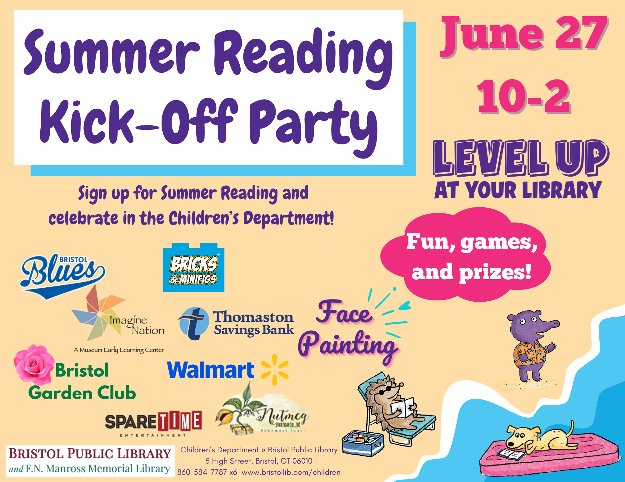 Beach and ocean background of event flyer with purple and pink text and many organization logos.