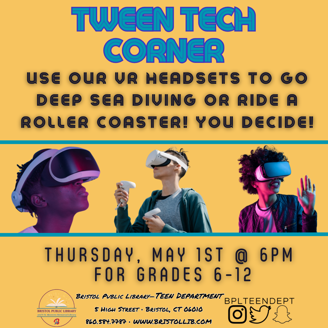 Graphic of people with VR headsets on in the background and program details in the foreground.