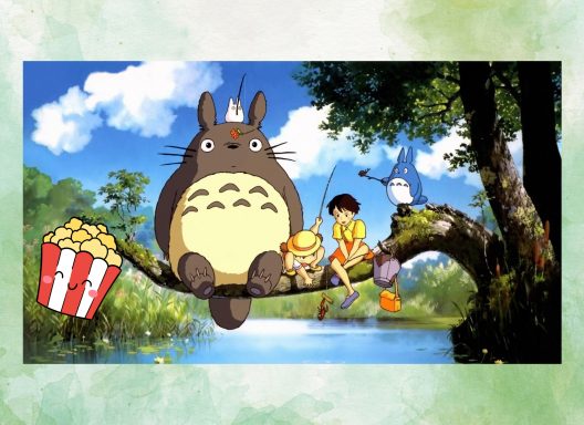 Image of movie My Neighbor Totoro and a smiling box of popcorn. A stream scene with animals and children fishing.