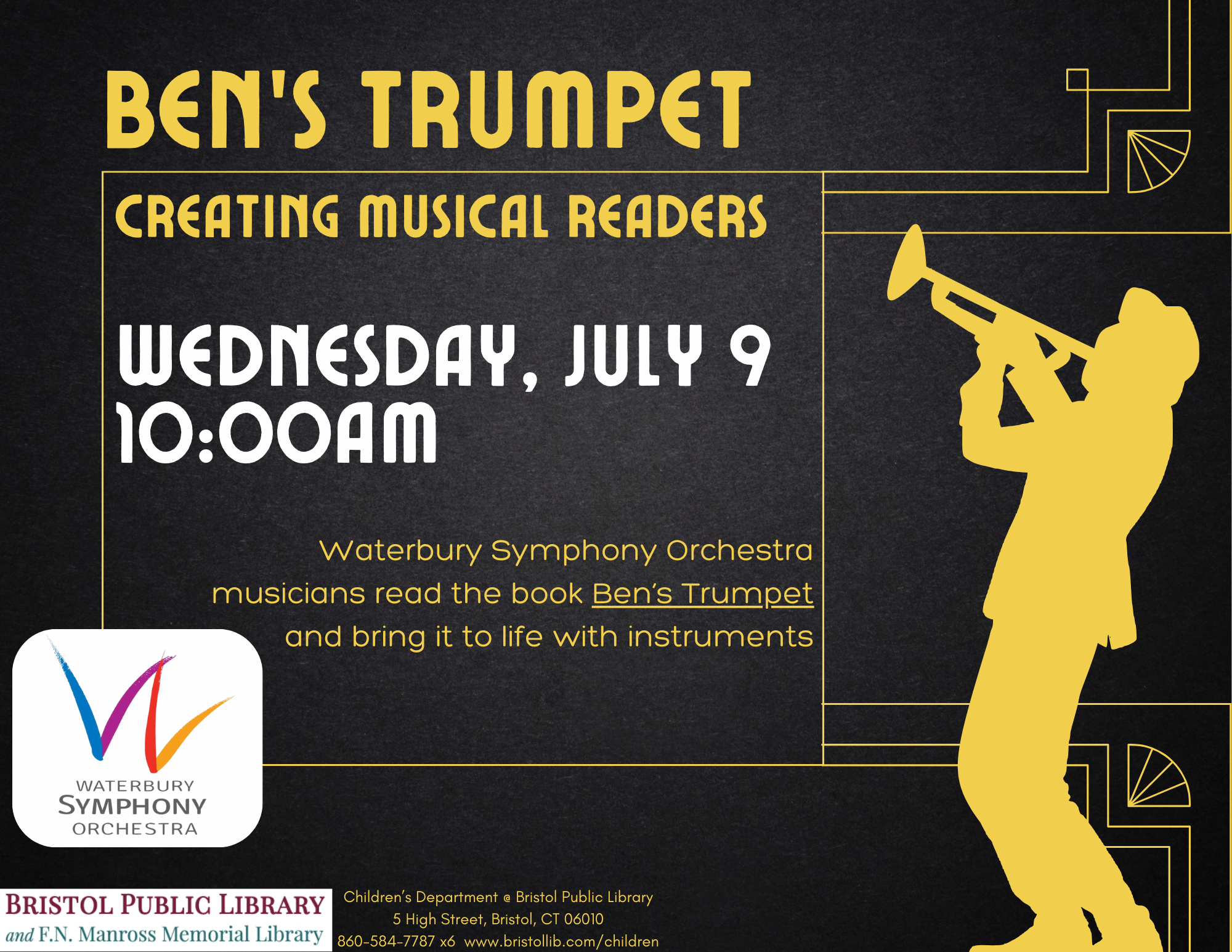Black flyer with yellow silhouette of person playing trumpet and yellow and white text.