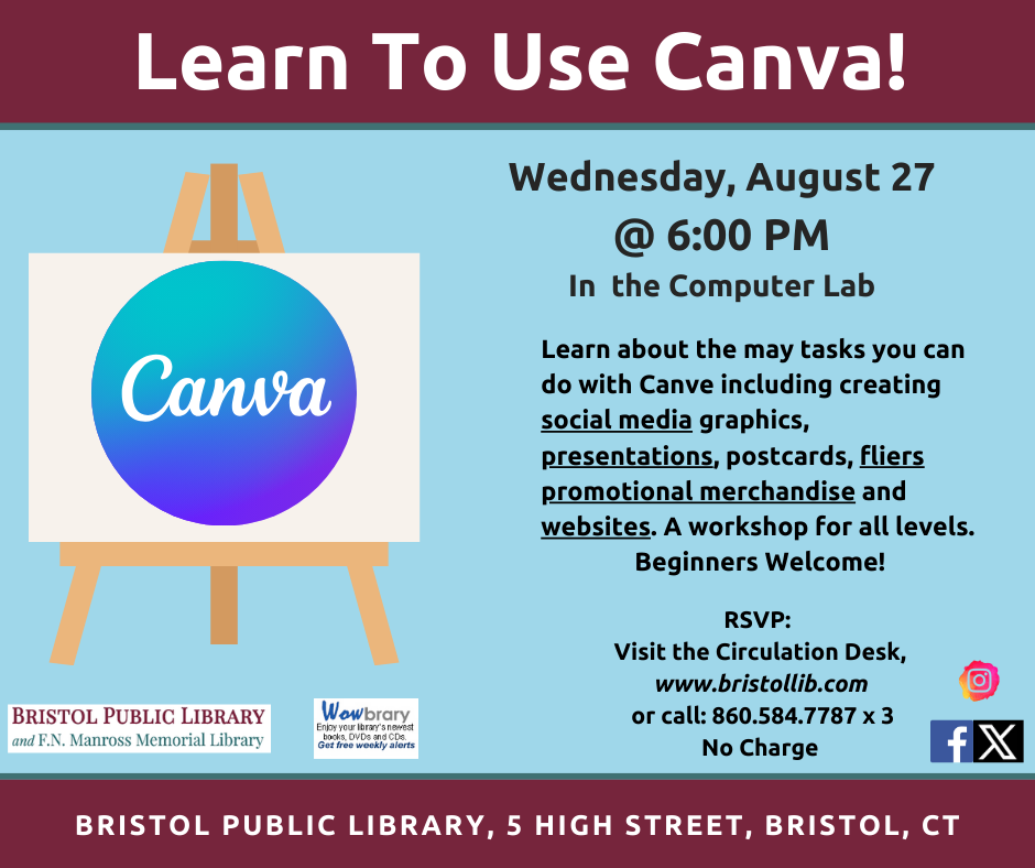 Learn to use Canva flier August 27 at 6:00 PM. blue background, blue and white Canva logo on image of easel