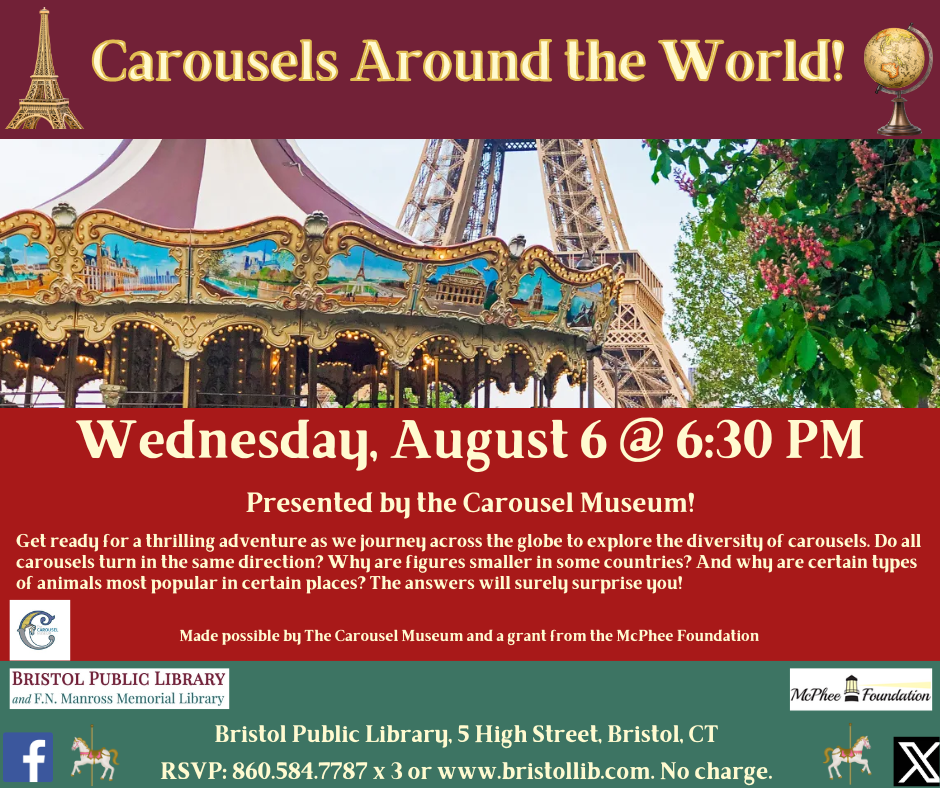 Flier for Carousels Around the World August 6 at 6:30 PM. Image of Carousel with Eiffel Tower in the Background against red background