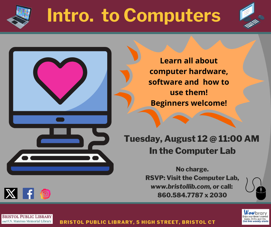 Flier for Intro. to Computers Workshop August 12 at 11:00 AM. blue desktop computer with pink heart on screen. blue background.