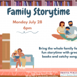 Event flyer with background of bookshelves and families with two adults sitting reading together with a child.