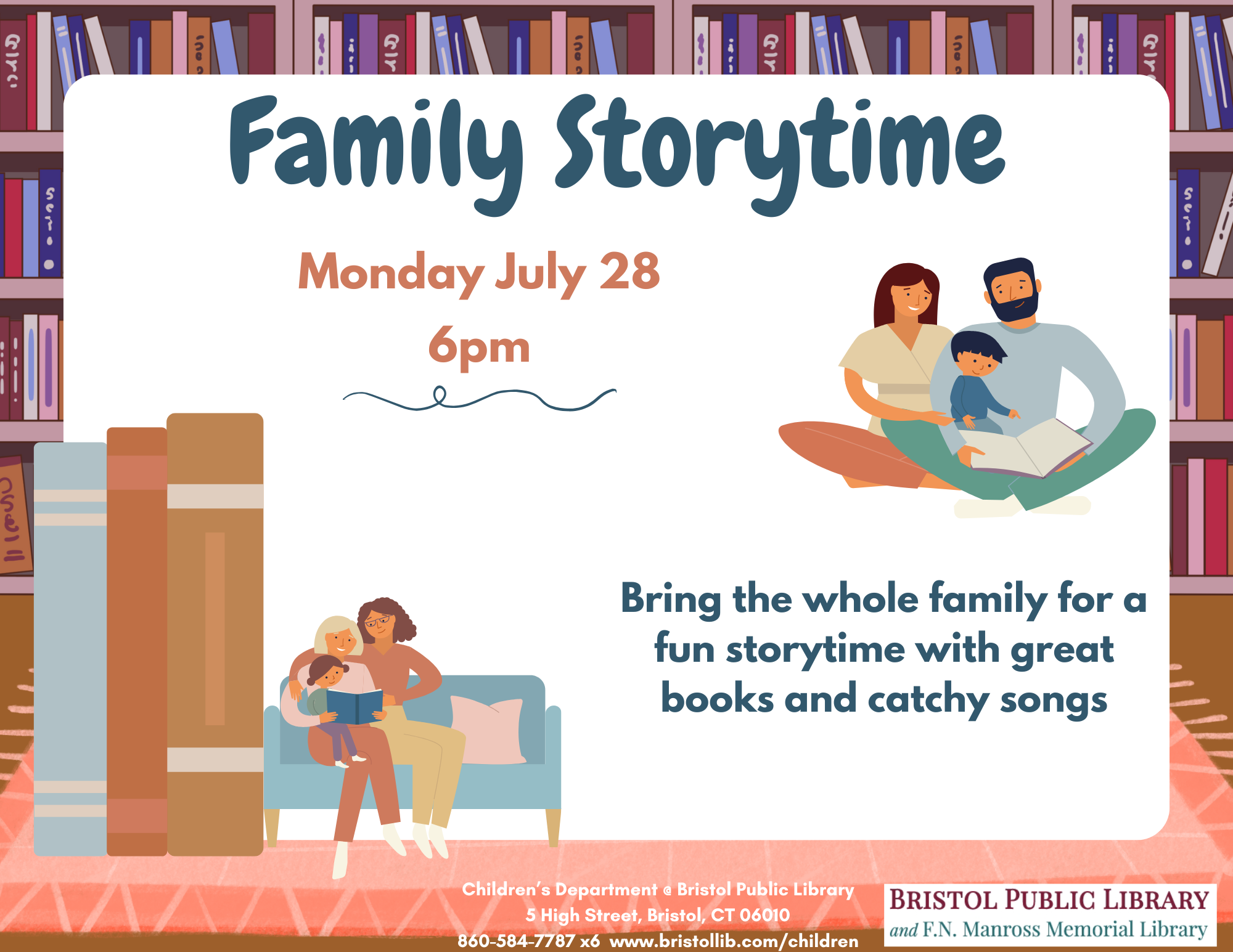 Event flyer with background of bookshelves and families with two adults sitting reading together with a child.