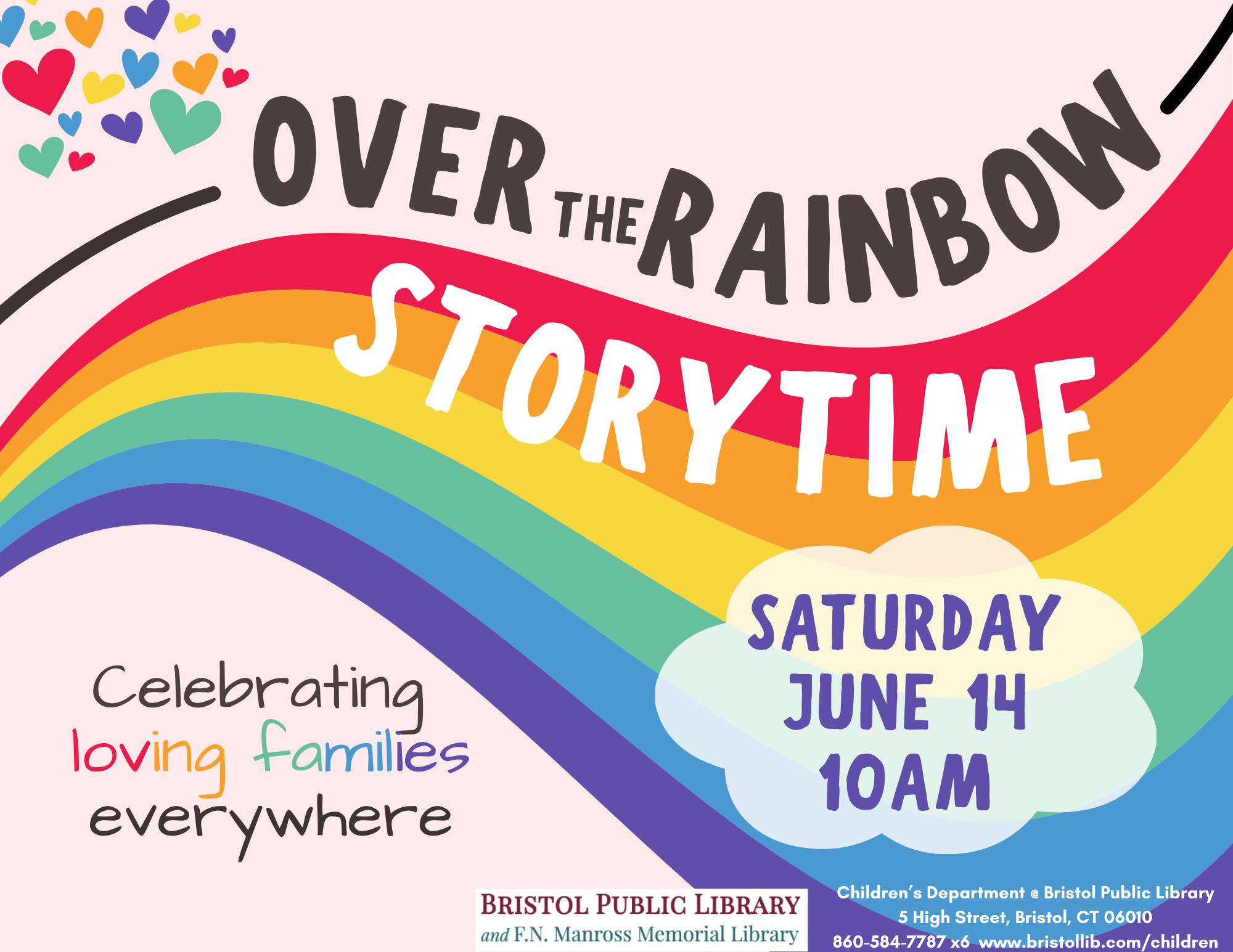 Flyer with large curving rainbow across page with text above and below.