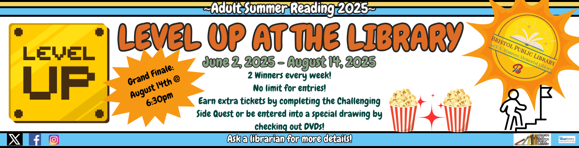 Banner for summer reading that says Level Up at the Library