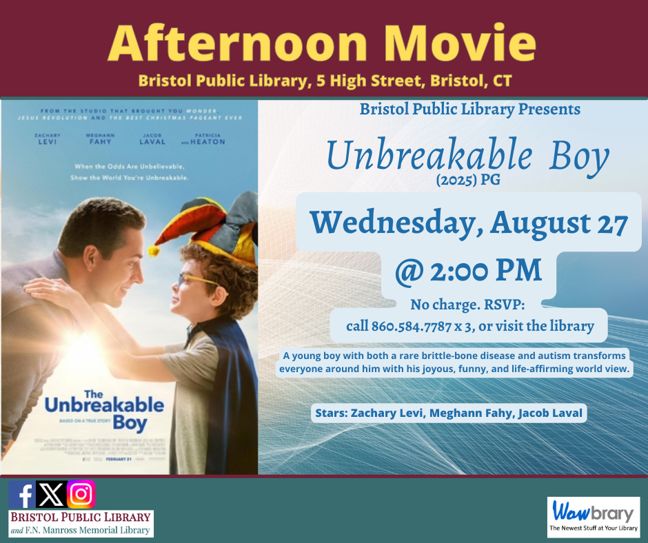 Flier for movie Unbreakable Boy August 27 at 2:00 PM. Father and son against sunburst in blue sky