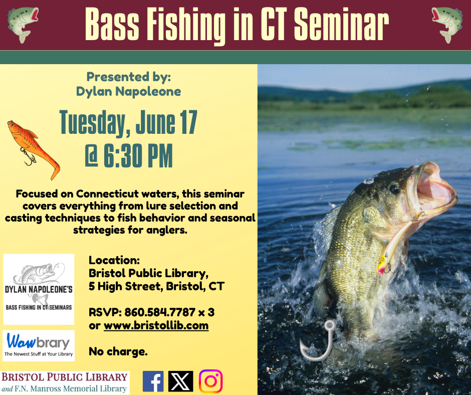Flier for Bass Fishing in Connecticut, June 17 @ 6:30 PM. Largemouth Bass jumping from the water in a lake scene.