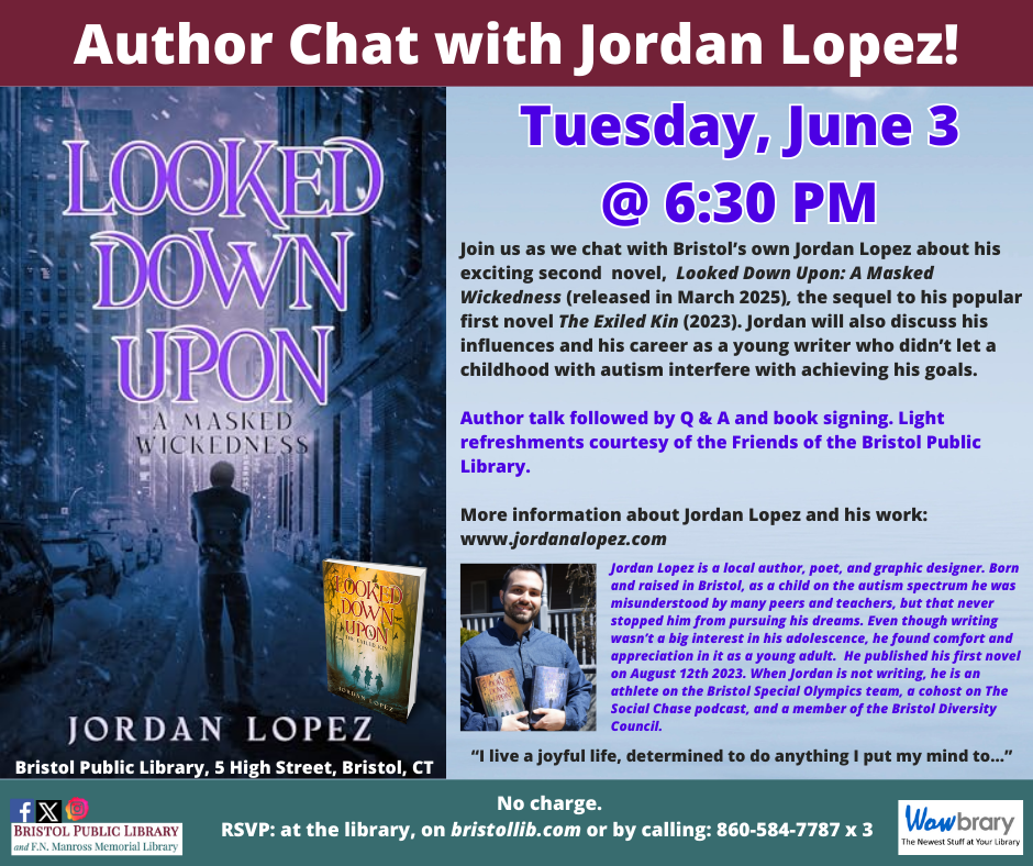Flier  for Author Chat with Jordan Lopez, June 3, 2025 @ 6:30 PM. No charge.
