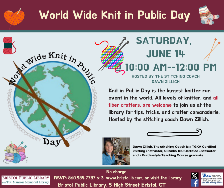Worldwide Knit in Public Day Knit-a-Long flier. Green and blue globe with rossed knitting needles