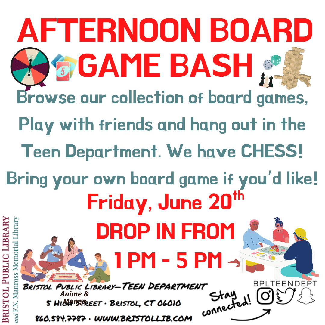 graphic of flyer with kids playing board games and board game pieces in the background and program details in the foreground. 
