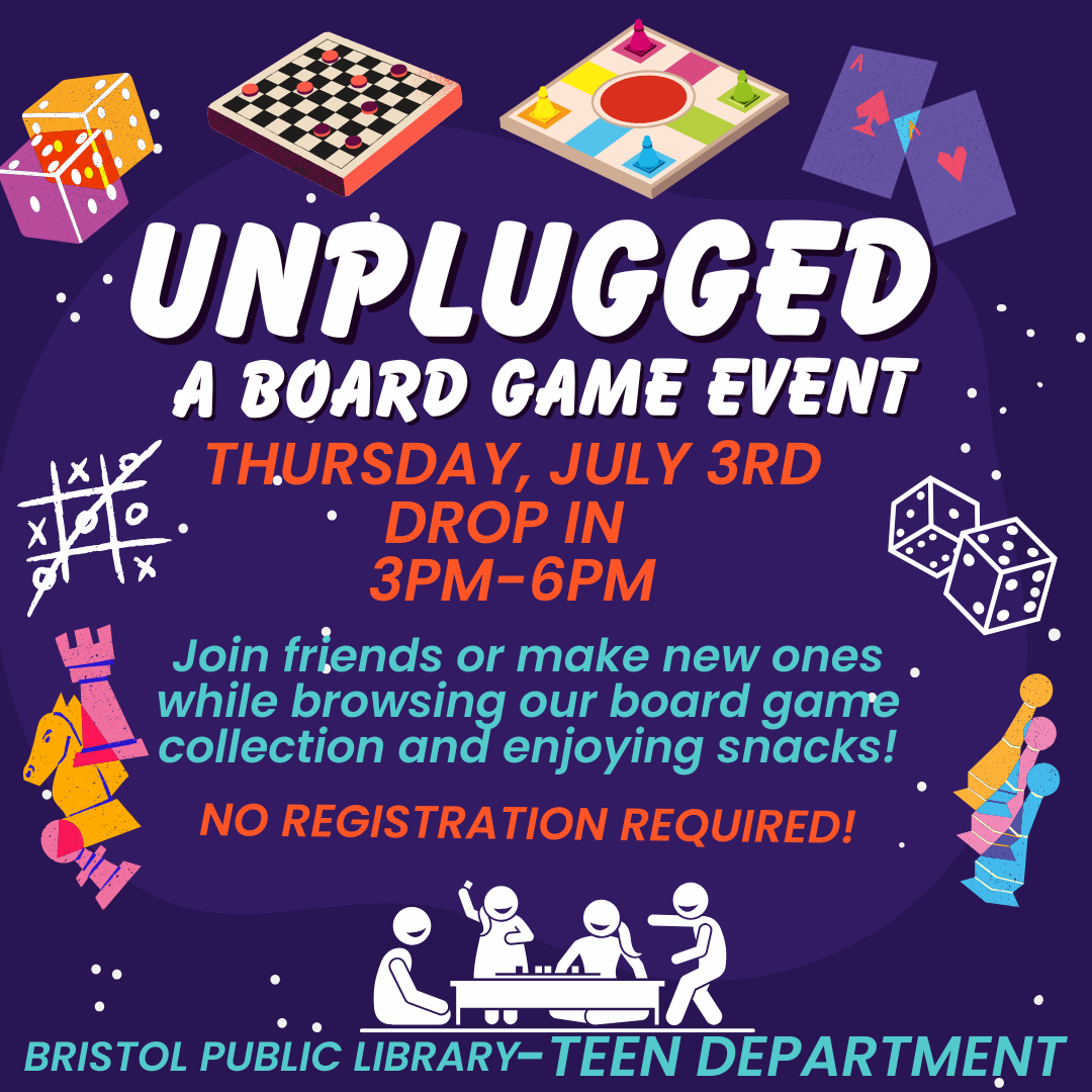 Graphic of board games and people playing board games in the background and program details in the foreground. 