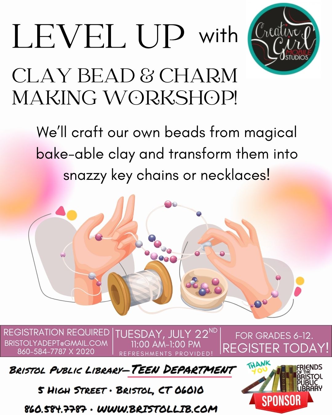 Graphic of flyer with hands making beaded jewelry in the background and program details in the foreground. 