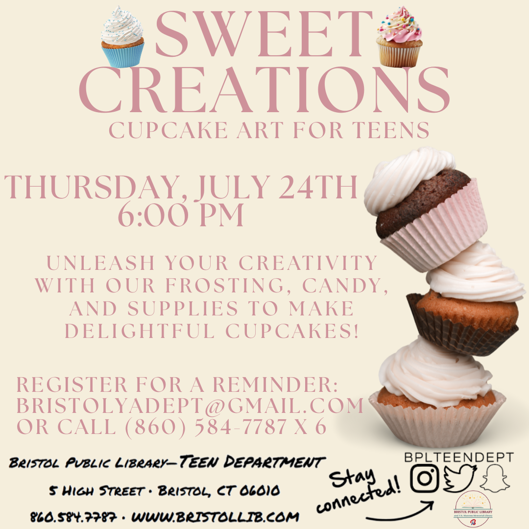 Graphic of flyer with cupcakes in the background and program details in the foreground. 