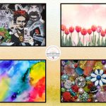 Four canvases of art showing different styles ranging from collage to watercolor.
