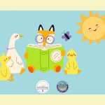 A fox reading a book to a goose, a butterfly, and two ducks. A smiling sun is looking on.