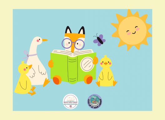 A fox reading a book to a goose, a butterfly, and two ducks. A smiling sun is looking on.