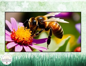 A bee taking nectar from a pink flower on a green grass background.