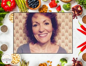 A picture of Presenter Kim Larkin on a background of superfoods.