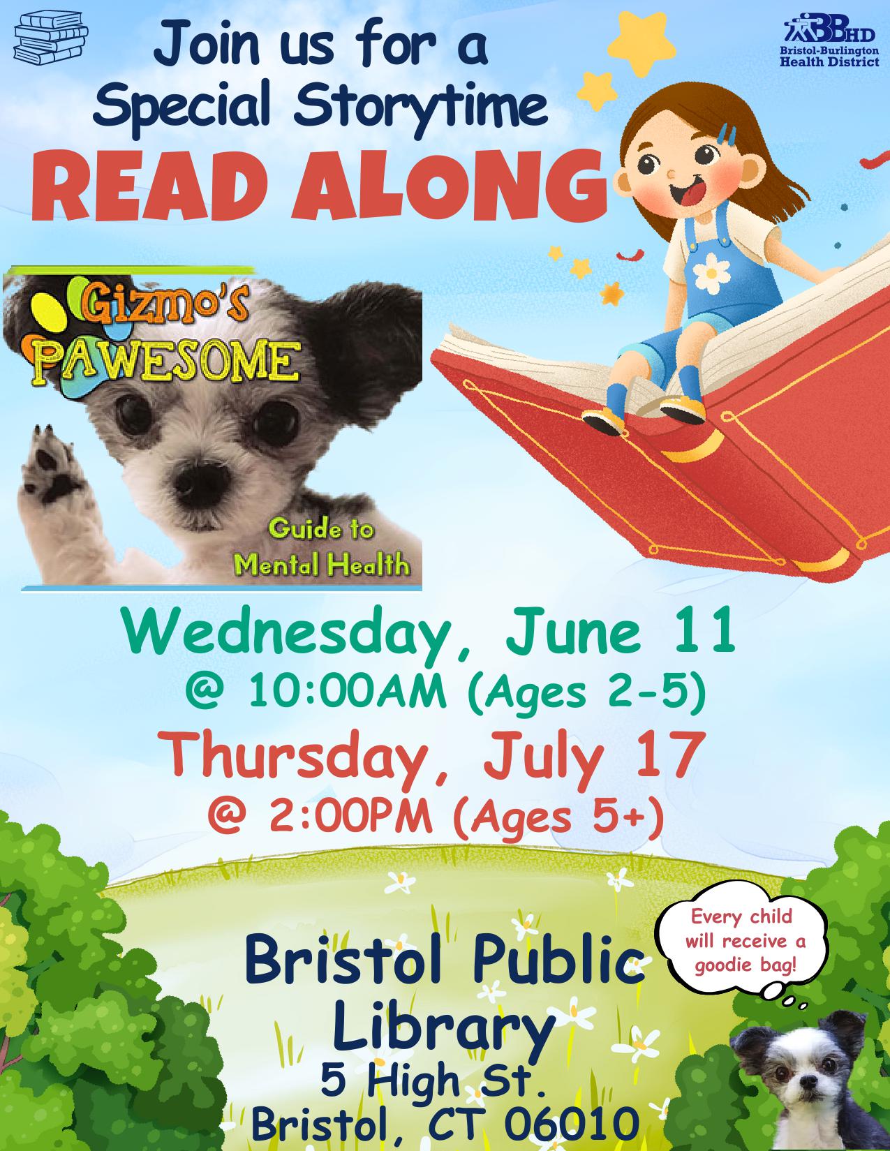 Flyer with blue sky and green hill background with photo of small black and white dog and red open book with child riding on it.