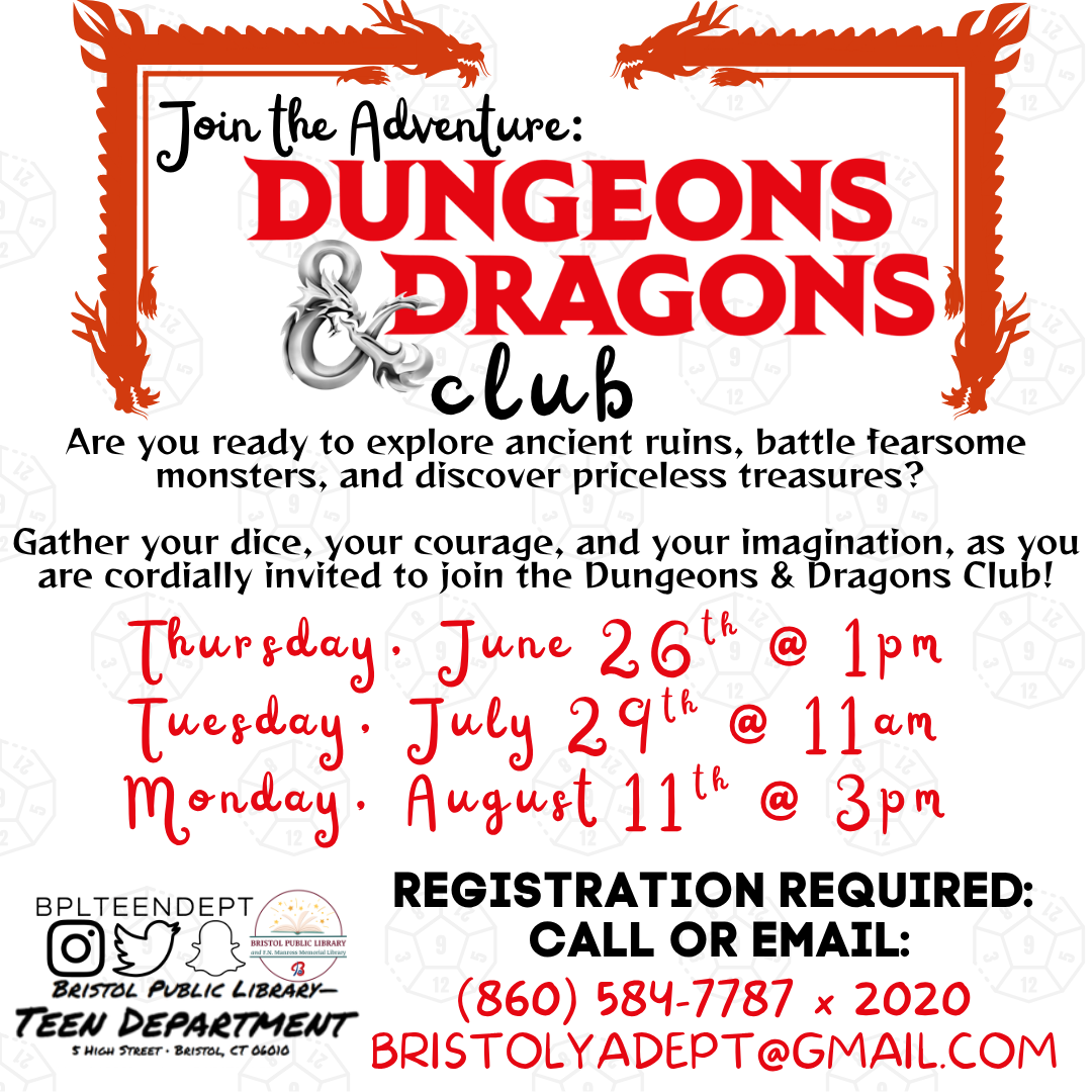 graphic of flyer with dragons and dice in the background and program details in the foreground