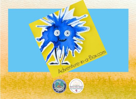 A blue monster made with watercolor paint on a blue & yellow background.