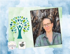 A photo of the presenter with a wellness icon in the shape of a woman and a tree.